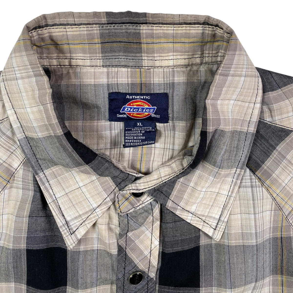 Digg It Thrift & Vintage Dickies plaid short sleeve western snap work shirt in grey and tan, size XL