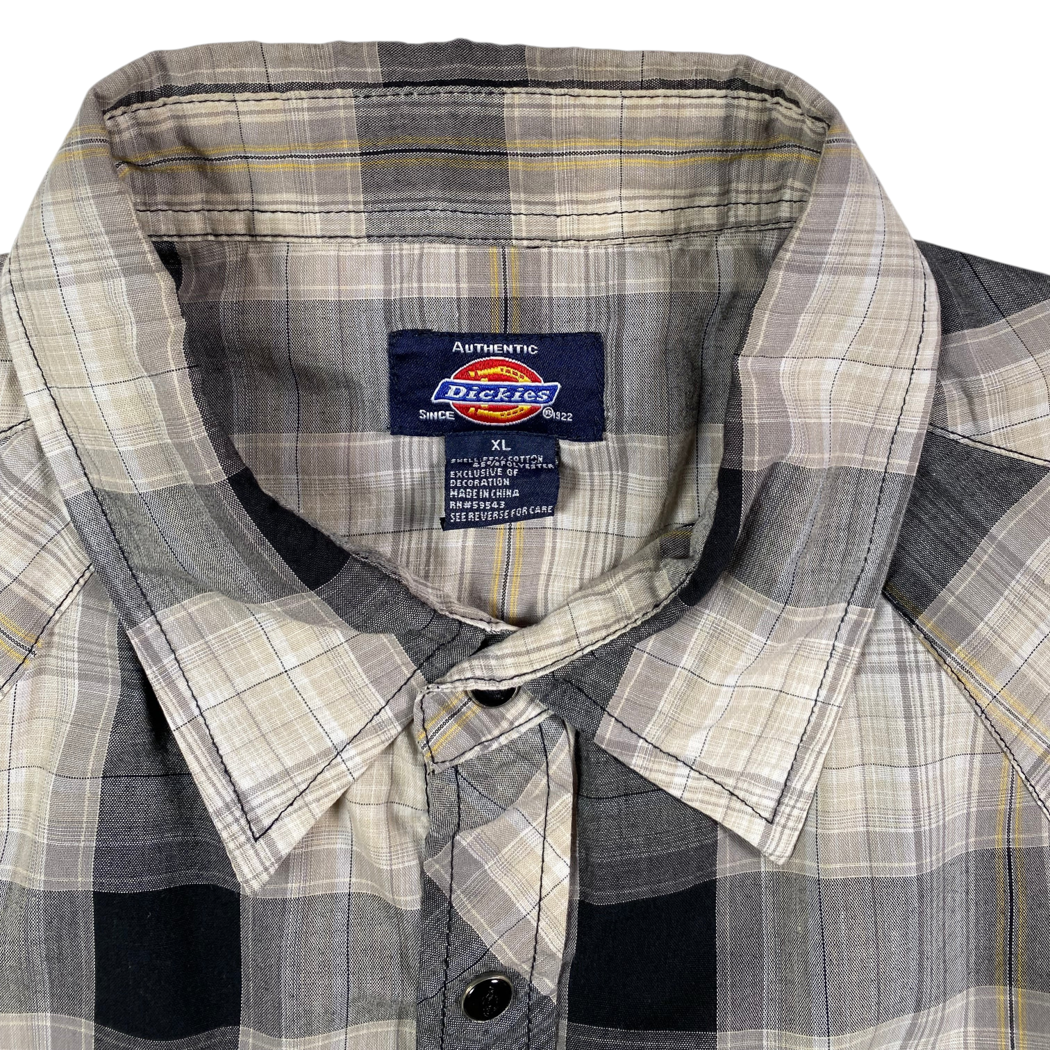 Digg It Thrift & Vintage Dickies plaid short sleeve western snap work shirt in grey and tan, size XL
