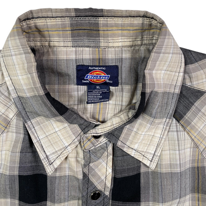 Digg It Thrift & Vintage Dickies plaid short sleeve western snap work shirt in grey and tan, size XL