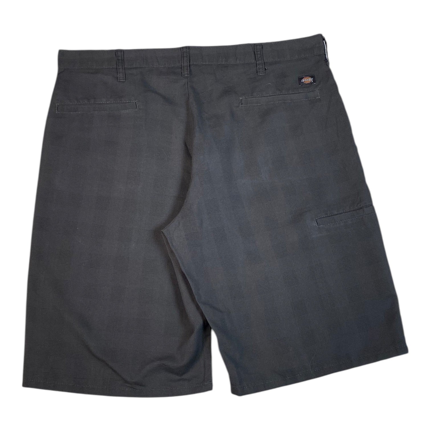 Digg It Thrift & Vintage Dickies shadow plaid textured utility work shorts in dark grey, size 36, back view.