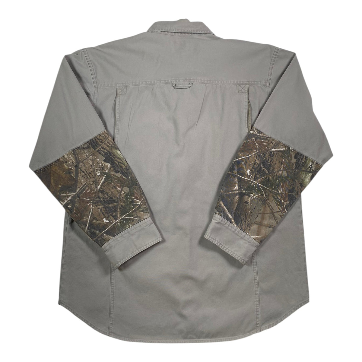 Back view of a Digg It Thrift & Vintage grey outdoor shooting shirt with Realtree camo sleeves and button cuffs.
