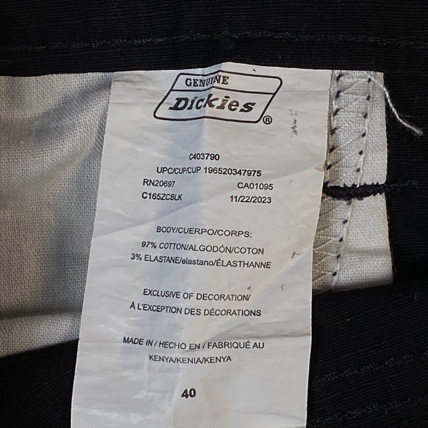 Digg It Thrift & Vintage black Dickies shorts care label showing 97% cotton and 3% elastane fabric composition