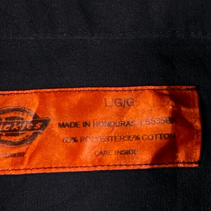 Digg It Thrift & Vintage Dickies black work shirt size large tag showing polyester cotton blend fabric details