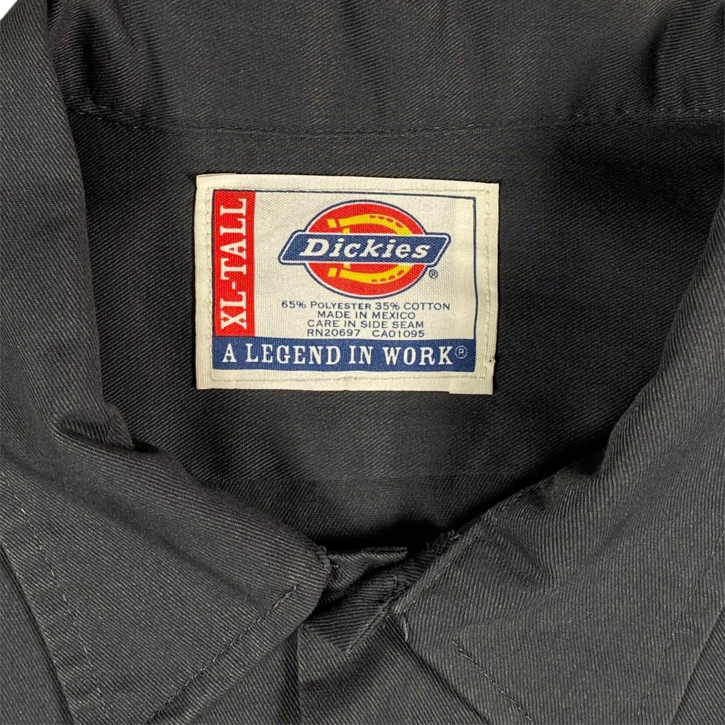 Digg It Thrift & Vintage grey Dickies work shirt collar tag showing XL-Tall size and polyester cotton blend