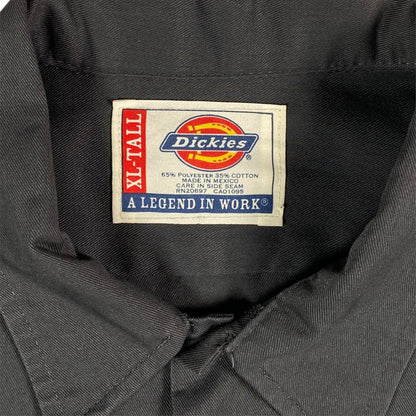 Digg It Thrift & Vintage grey Dickies work shirt collar tag showing XL-Tall size and polyester cotton blend