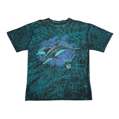 Digg It Thrift & Vintage vintage Churinga Designs t-shirt with teal and black marble print and dolphin graphic