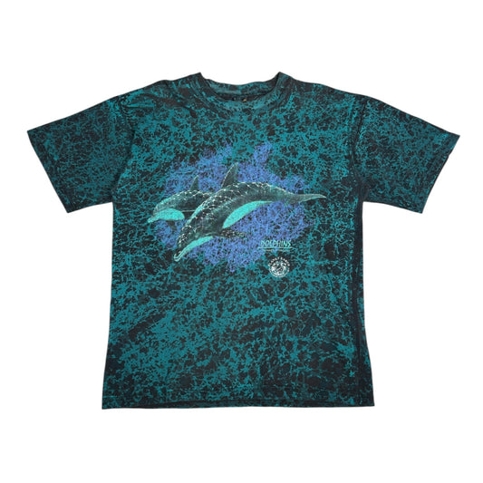 Digg It Thrift & Vintage vintage Churinga Designs t-shirt with teal and black marble print and dolphin graphic