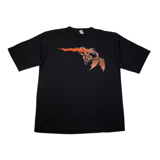 Digg It Thrift & Vintage black t-shirt featuring a detailed fire-breathing dragon graphic on the chest.