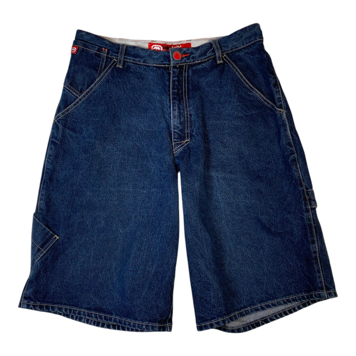 Digg It Thrift & Vintage Ecko Unltd. baggy dark wash denim carpenter jorts with red button detail