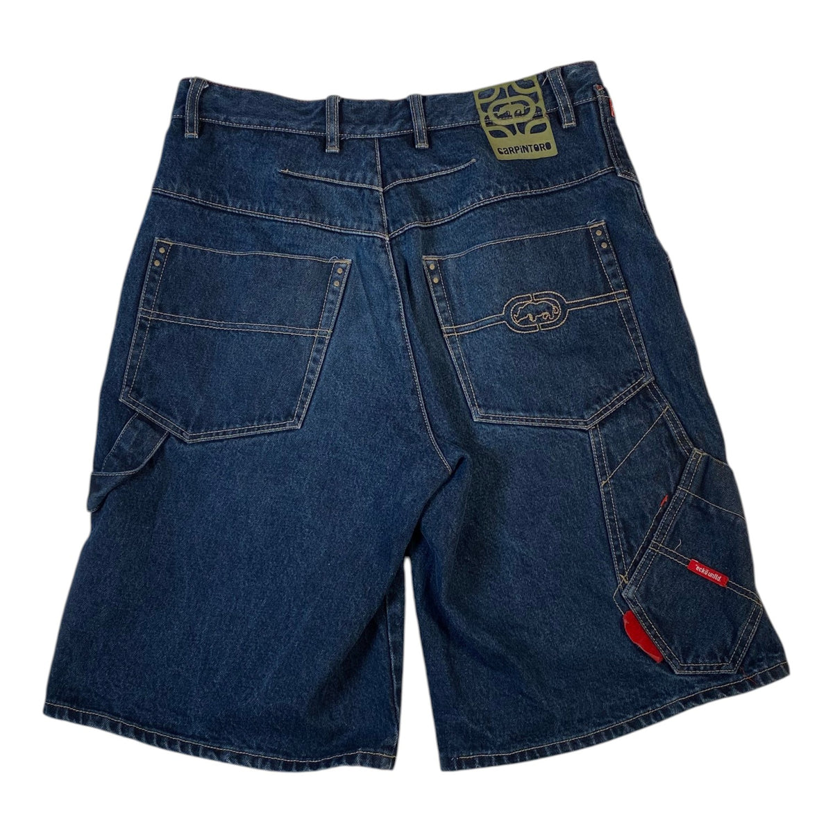 Digg It Thrift & Vintage Ecko Unltd. dark wash baggy denim carpenter jorts with back pocket embroidery and logo patch