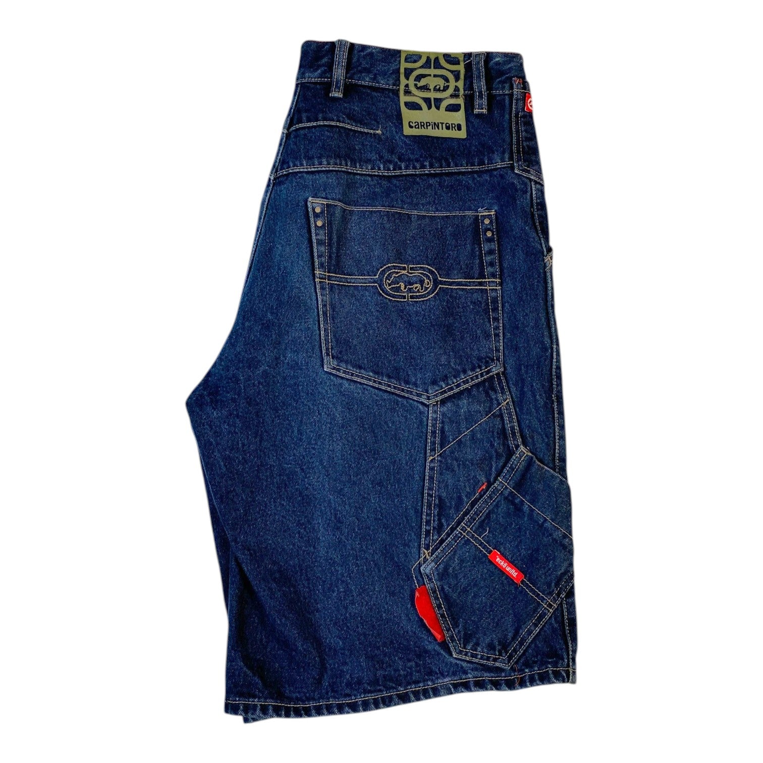 Digg It Thrift & Vintage Ecko Unltd. dark wash denim baggy carpenter jorts with back pocket logo embroidery