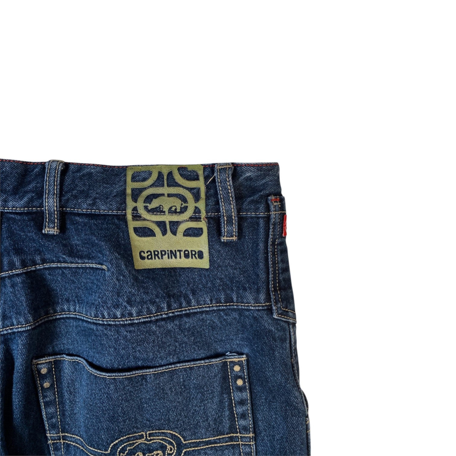Digg It Thrift & Vintage Ecko Unltd. dark wash denim jorts with olive green Carpintero brand patch on back waist