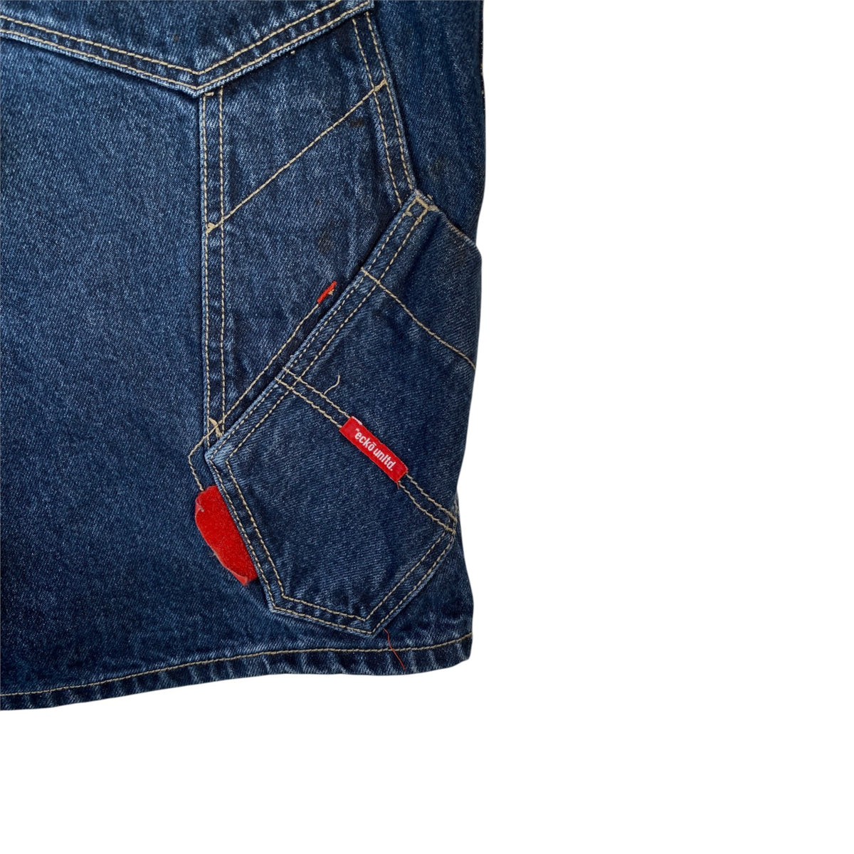 Digg It Thrift & Vintage Ecko Unltd. dark wash denim jorts with carpenter pocket detail and red logo tag
