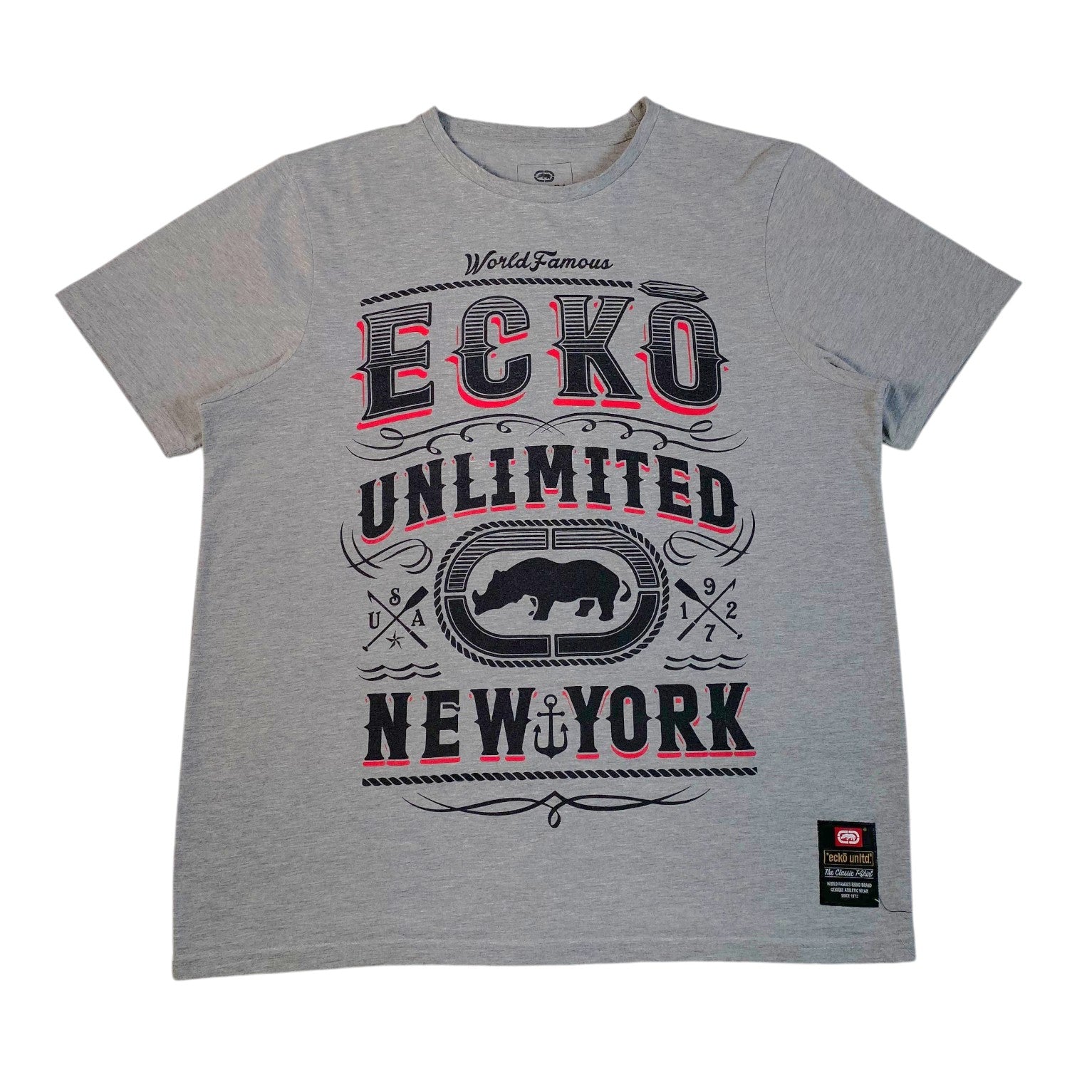 Digg It Thrift & Vintage grey Ecko Unltd. World Famous New York graphic t-shirt with rhino logo and red accents