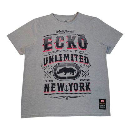 Digg It Thrift & Vintage grey Ecko Unltd. World Famous New York graphic t-shirt with rhino logo and red accents