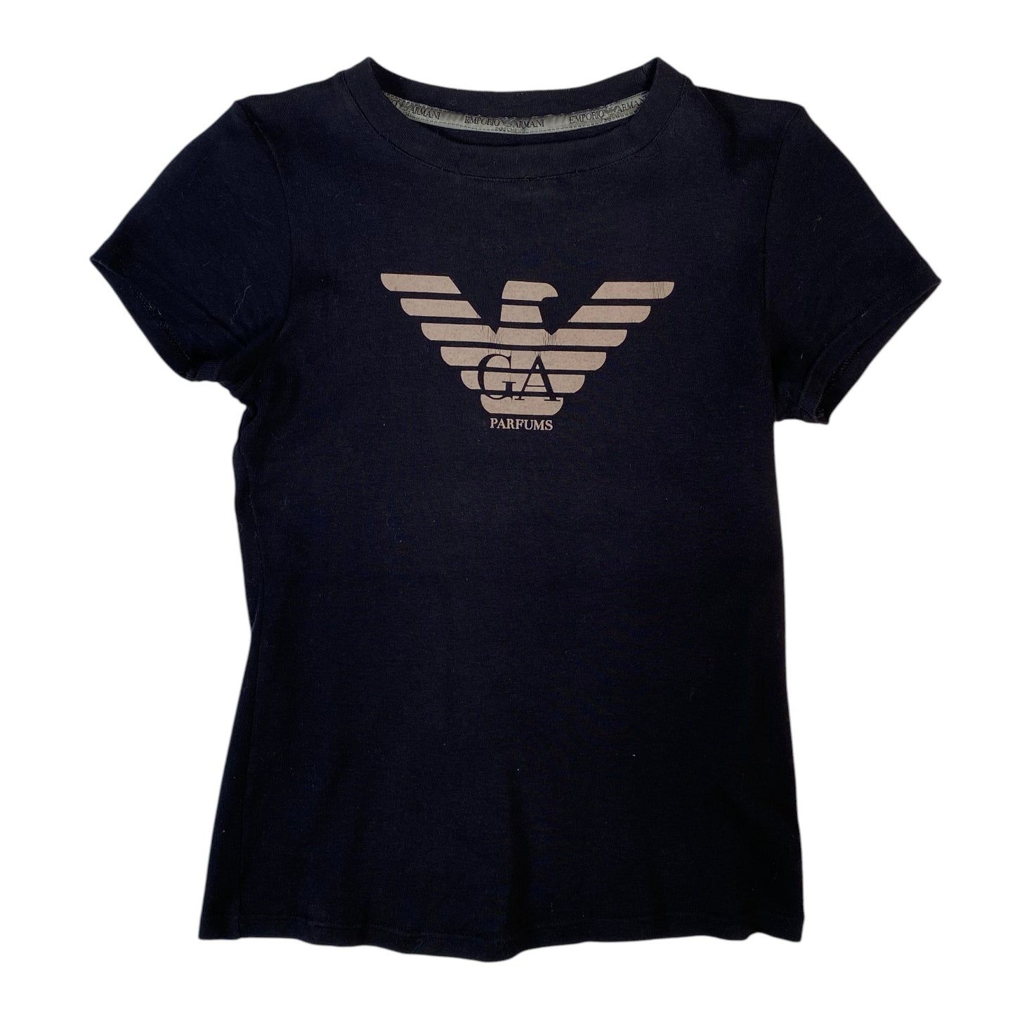 Digg It Thrift & Vintage black Emporio Armani Parfums graphic t-shirt with eagle logo, size XS fit