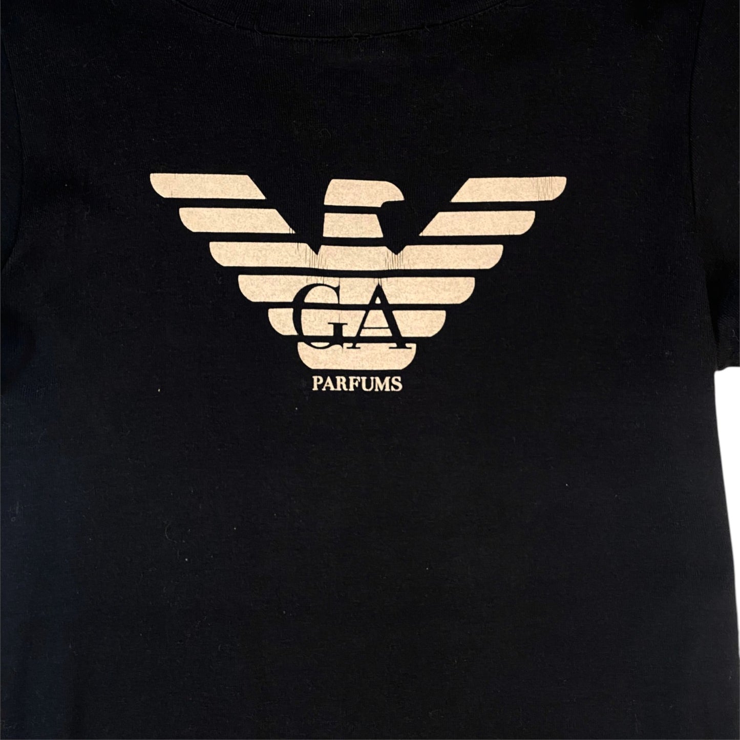 Digg It Thrift & Vintage black Emporio Armani Parfums graphic t-shirt with iconic eagle logo, size XS fit