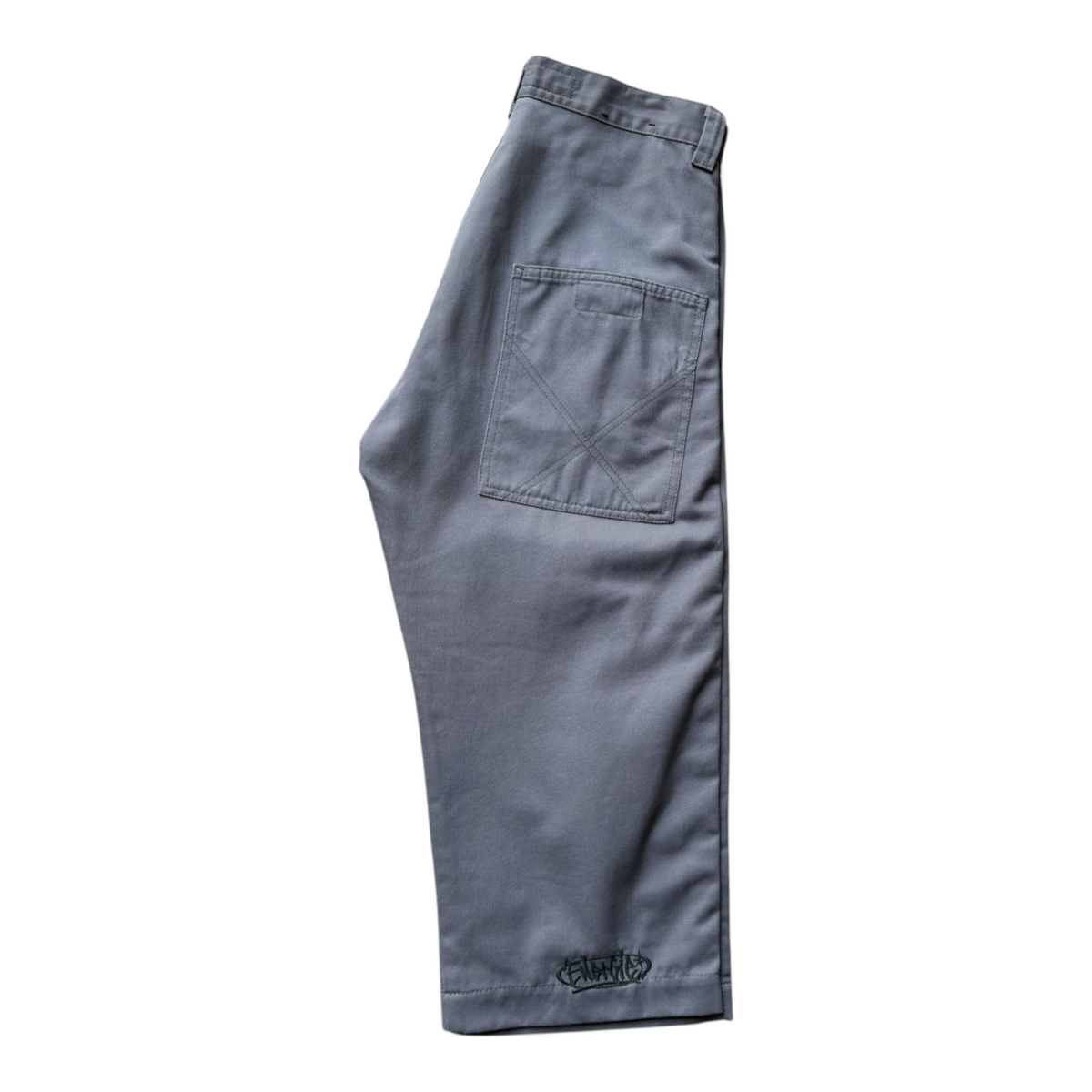 Digg It Thrift & Vintage Energie B-Boy grey denim jorts with a large back pocket and embroidered logo detail.
