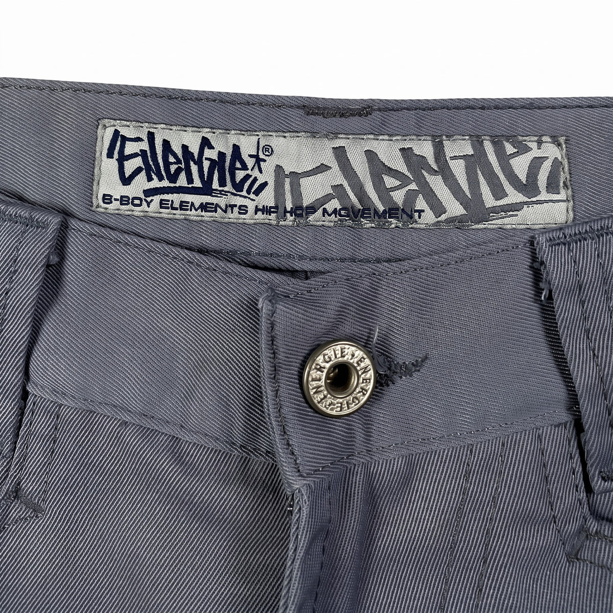 Digg It Thrift & Vintage Energie B-Boy Element grey denim jorts with branded button and interior waist label detail