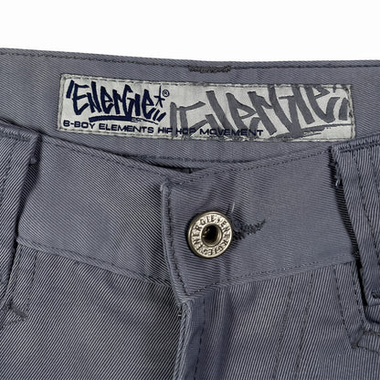 Digg It Thrift & Vintage Energie B-Boy Element grey denim jorts with branded button and interior waist label detail