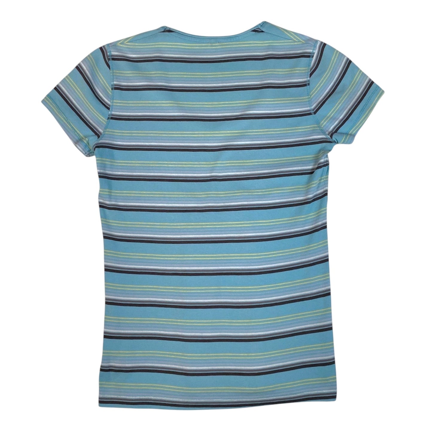 Digg It Thrift & Vintage Esprit aqua blue short sleeve top with multi-coloured horizontal stripes, size medium