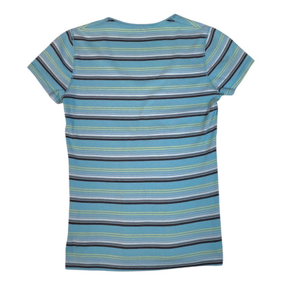 Digg It Thrift & Vintage Esprit aqua blue short sleeve top with multi-coloured horizontal stripes, size medium