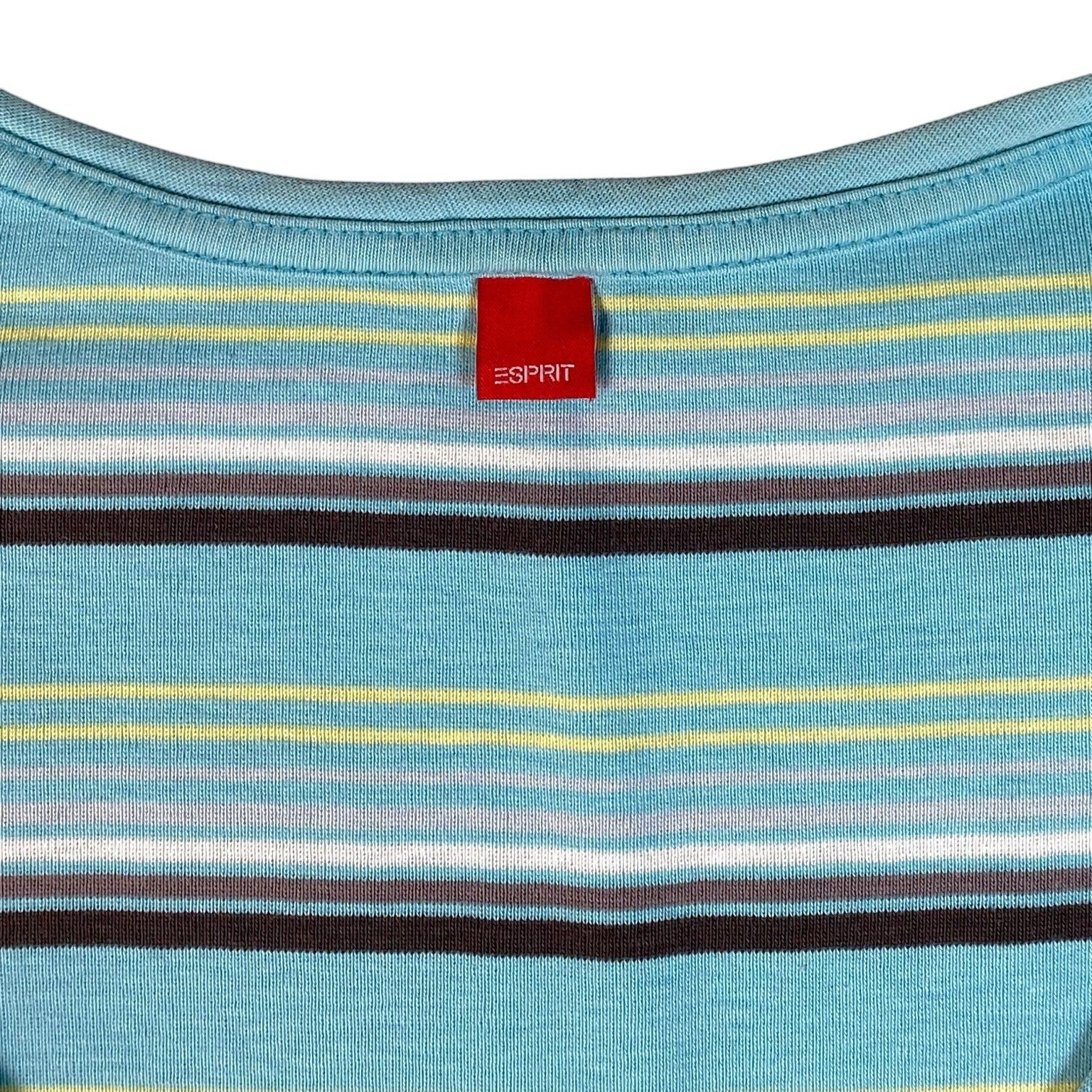 Digg It Thrift & Vintage Esprit aqua blue striped top with a red brand label at the neckline