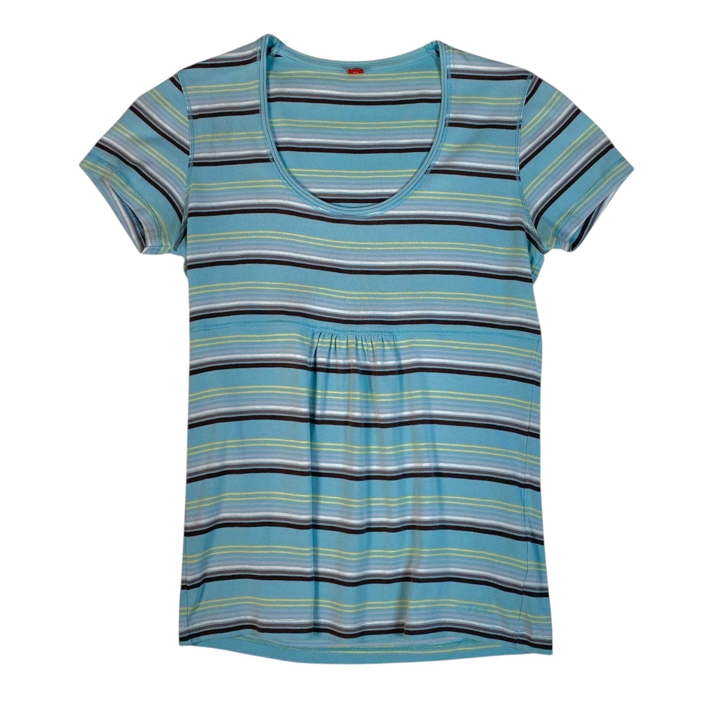 Digg It Thrift & Vintage Esprit aqua blue striped short-sleeve top with a scoop neck and gathered front detail.