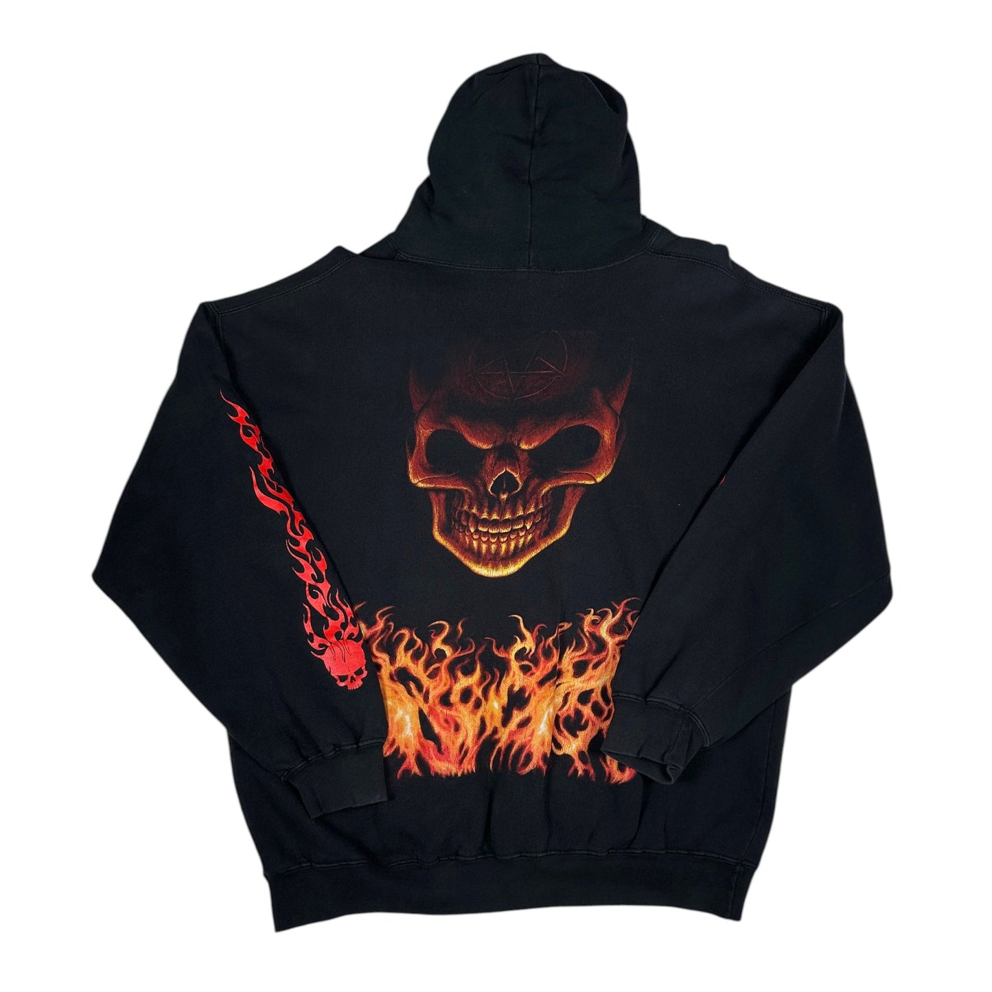 Digg It Thrift & Vintage black pullover hoodie featuring a large flaming skull graphic on the back