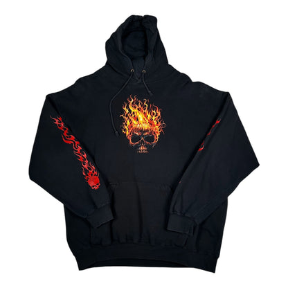 Digg It Thrift & Vintage black pullover hoodie featuring a flaming skull graphic on the chest and sleeves