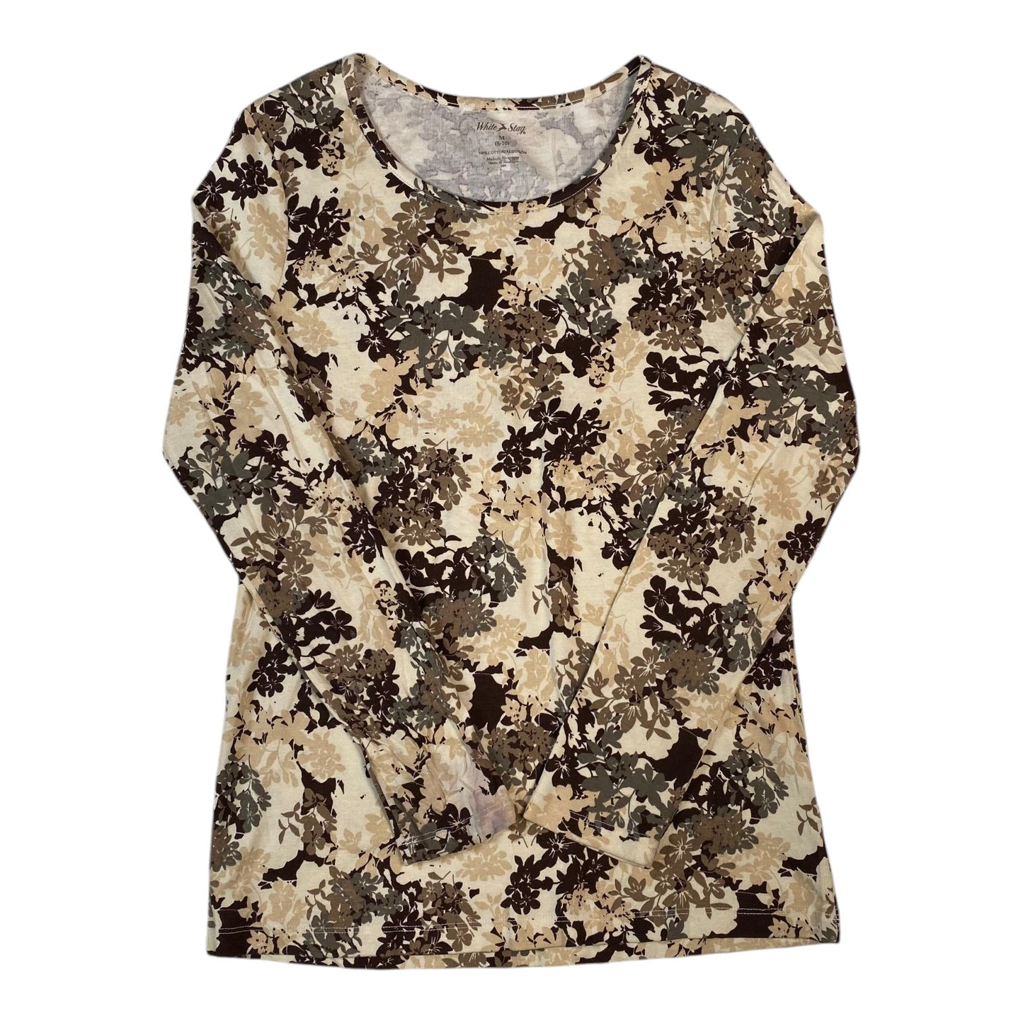 Digg It Thrift & Vintage White Stag long sleeve top featuring an earth tone floral print on a cream background