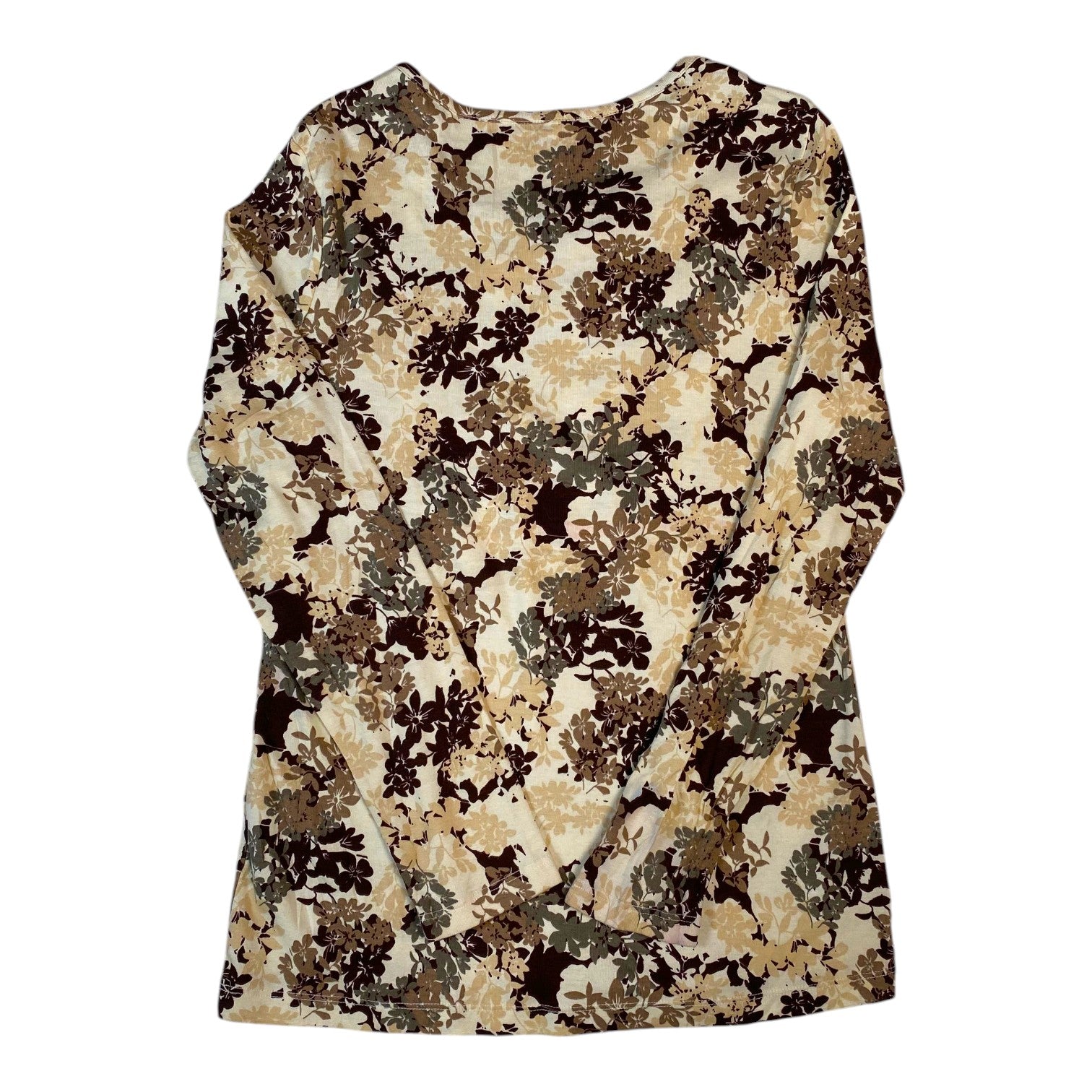 Digg It Thrift & Vintage White Stag long sleeve top featuring a brown and beige earth tone floral print