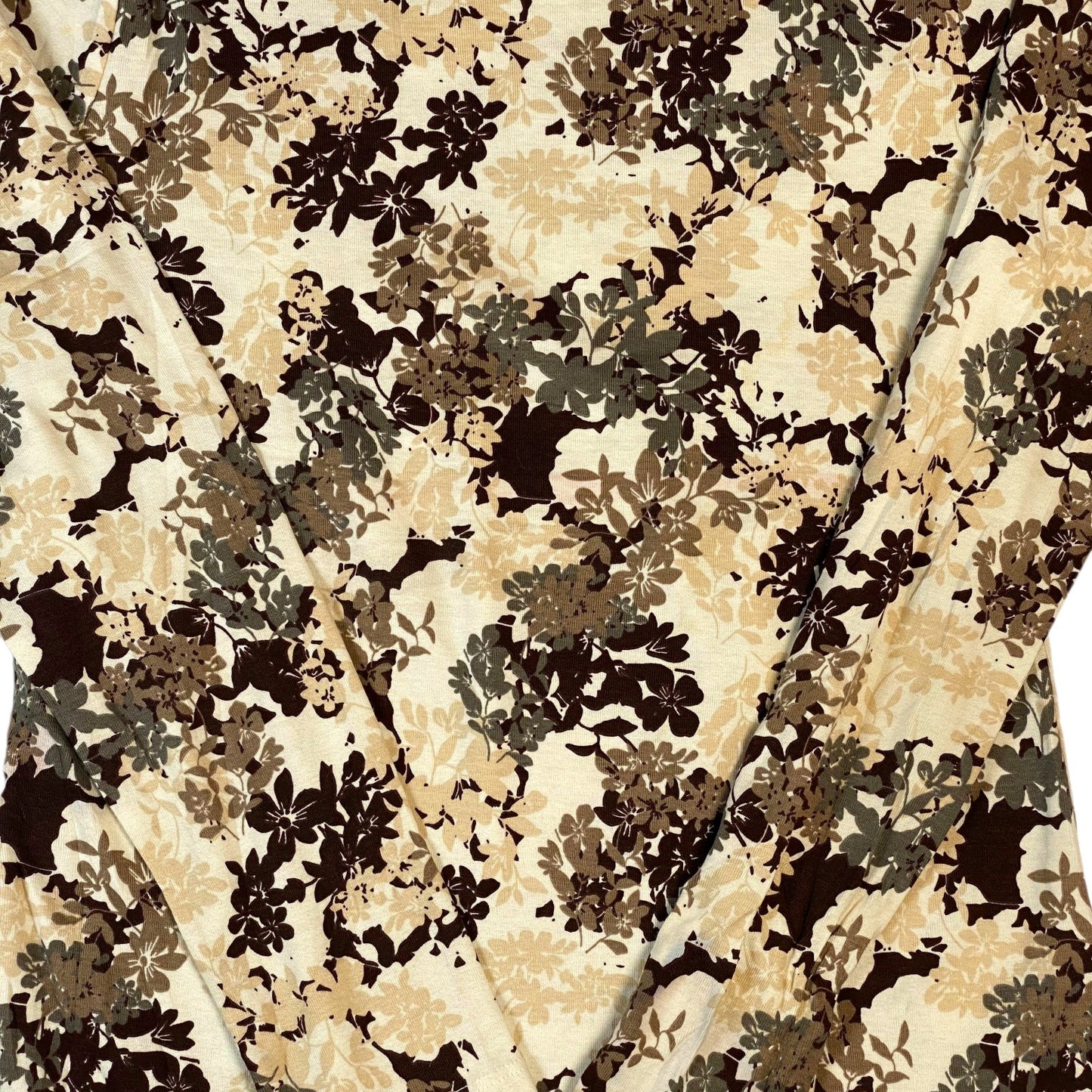 Digg It Thrift & Vintage White Stag long sleeve top featuring a brown and beige earth tone floral pattern