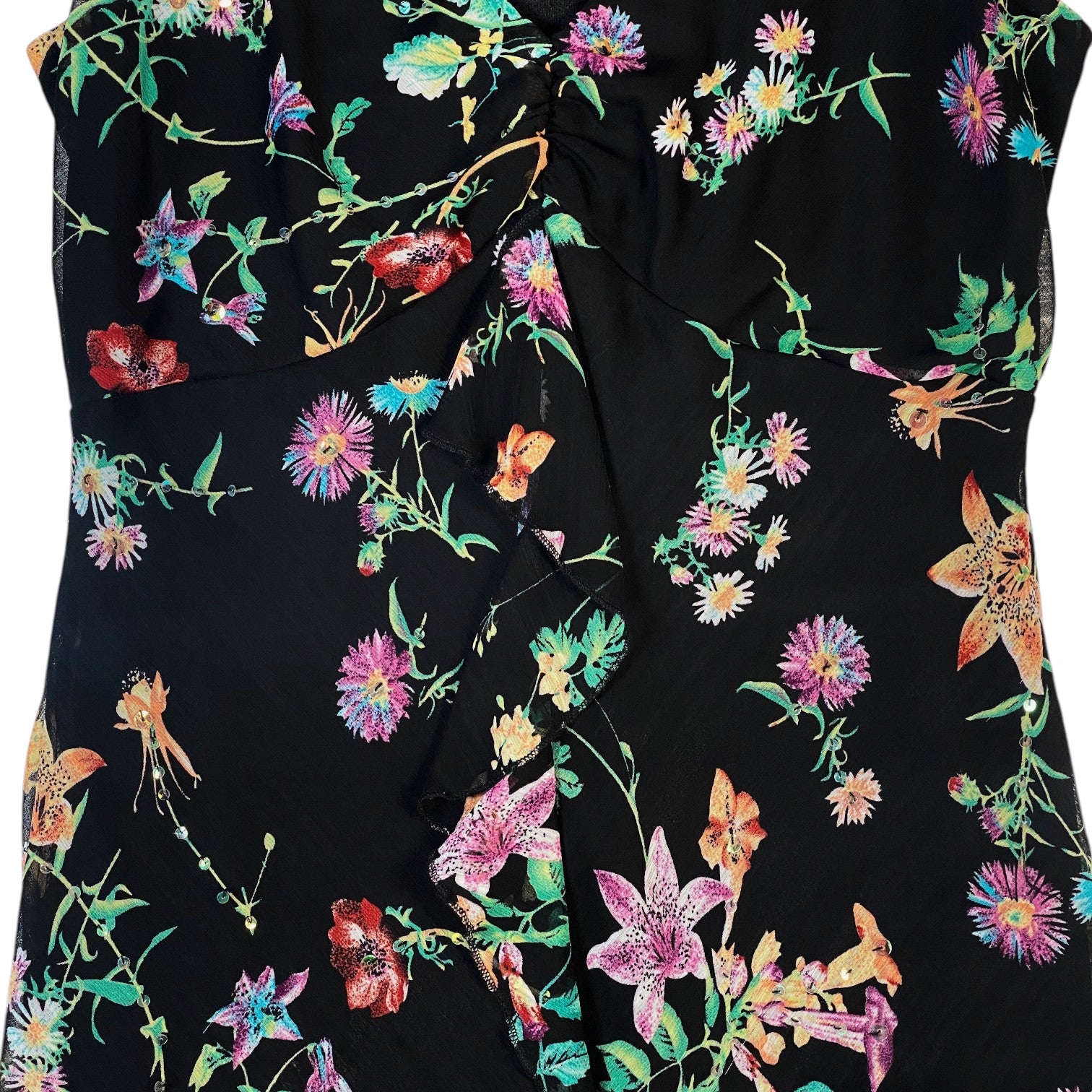 Digg It Thrift & Vintage black mesh tank top with vibrant floral print and delicate sequin embellishments
