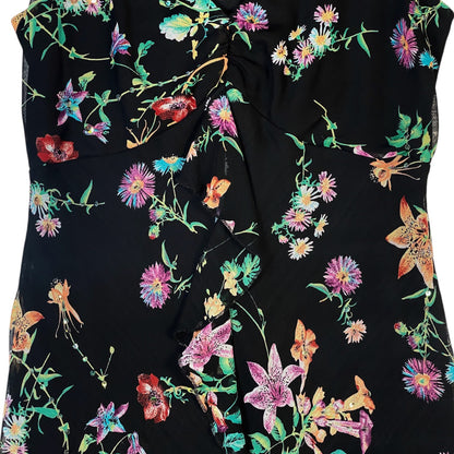 Digg It Thrift & Vintage black mesh tank top with vibrant floral print and delicate sequin embellishments