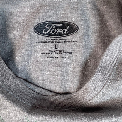 Digg It Thrift & Vintage heather grey Ford Bronco t-shirt neck label showing size large and cotton blend fabric