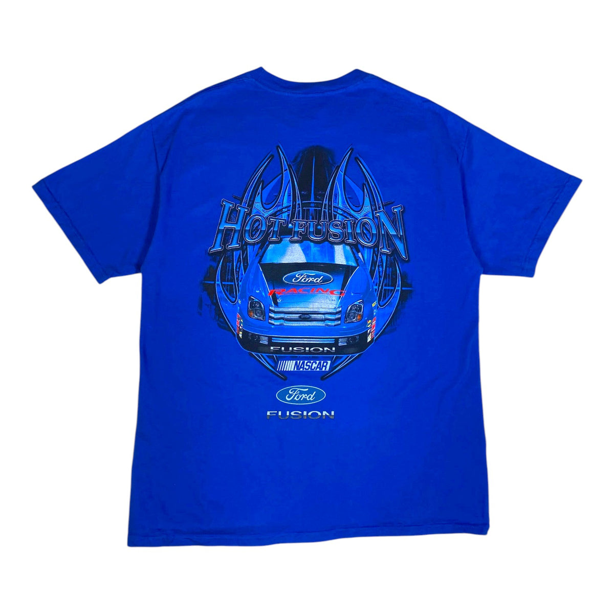 Digg It Thrift & Vintage blue Ford Fusion NASCAR graphic t-shirt with Hot Fusion print on the back