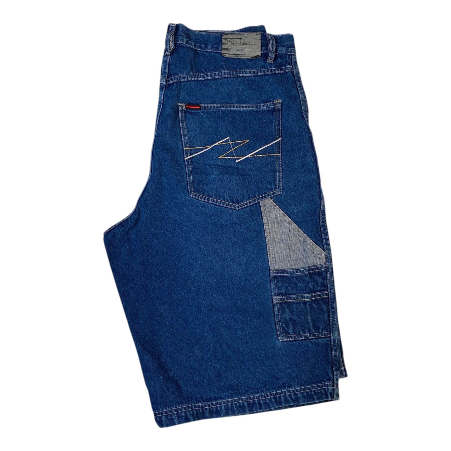 Digg It Thrift & Vintage FUBU The Collection baggy blue denim carpenter jorts with embroidered back pocket detail