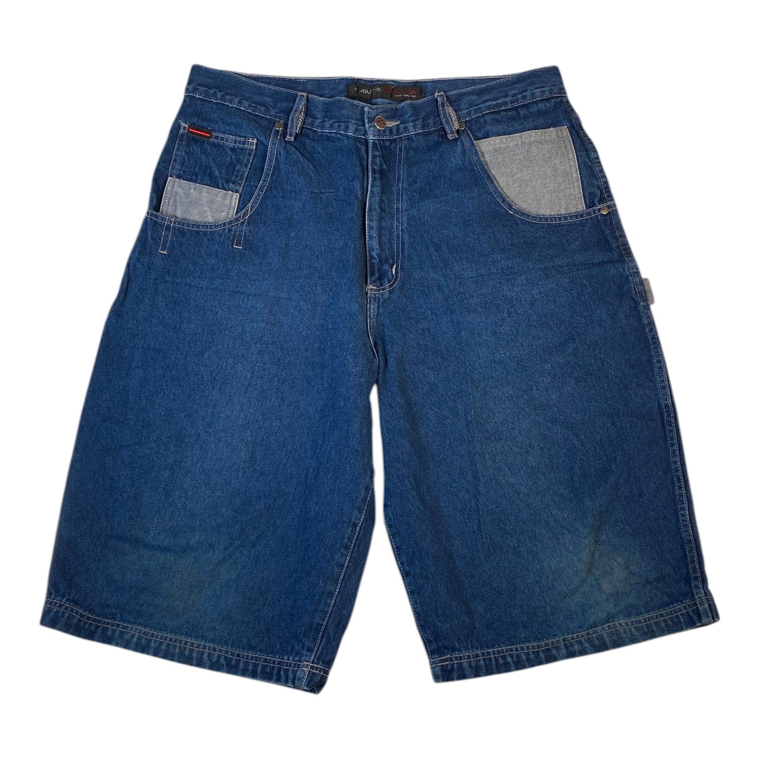 Digg It Thrift & Vintage FUBU baggy denim carpenter jorts in medium blue wash with contrast pocket detailing