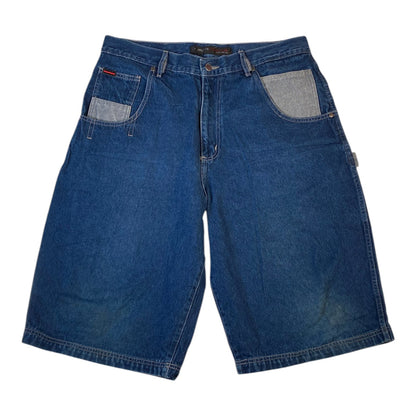 Digg It Thrift & Vintage FUBU baggy denim carpenter jorts in medium blue wash with contrast pocket detailing
