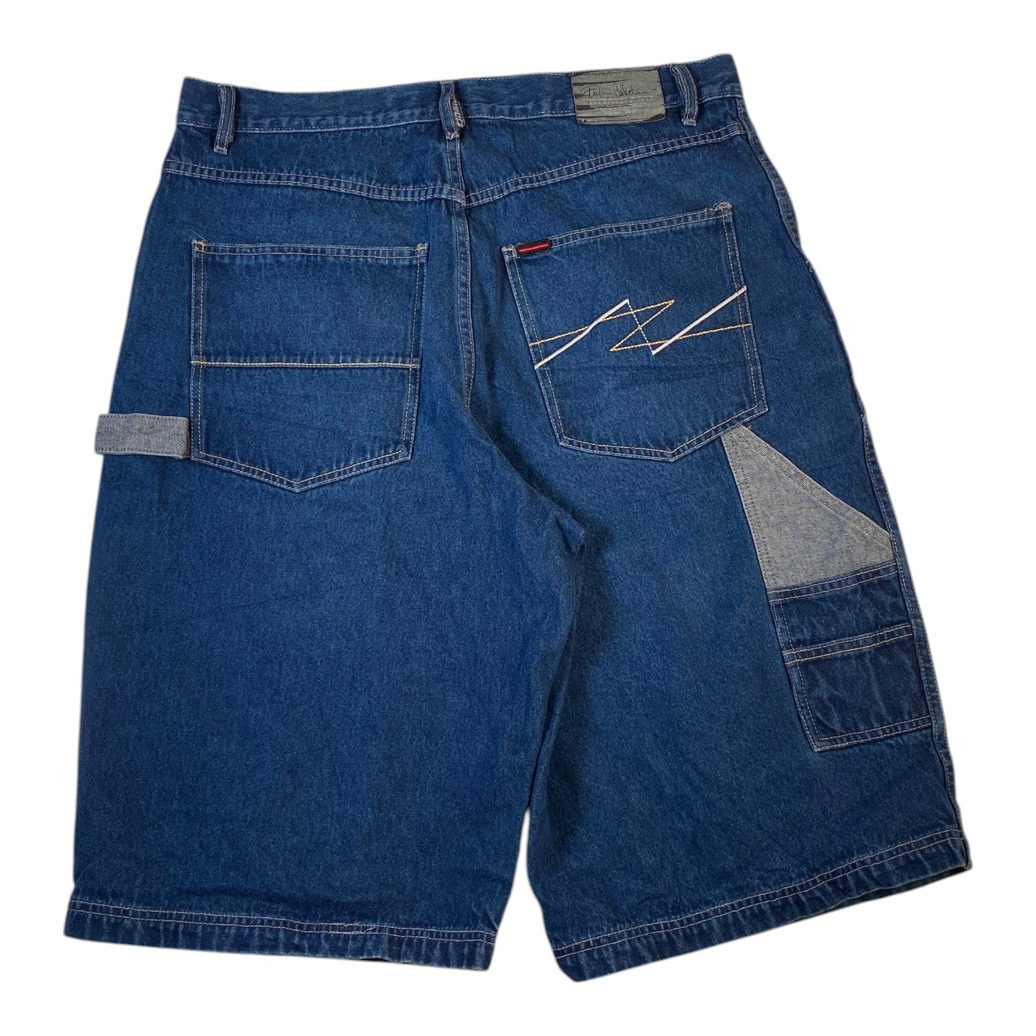 Digg It Thrift & Vintage FUBU baggy blue denim carpenter jorts with back pocket embroidery and utility loop