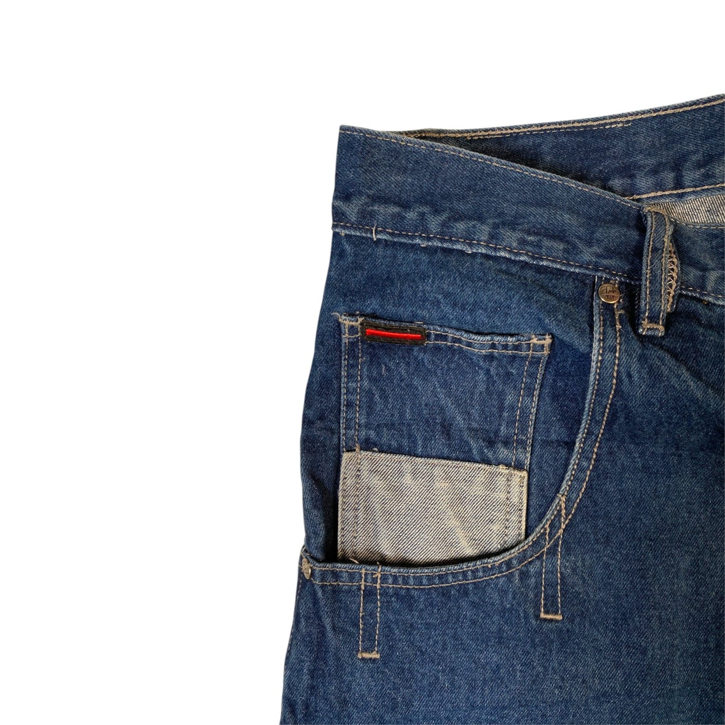 Digg It Thrift & Vintage FUBU baggy blue denim carpenter jorts with a coin pocket and contrast stitching