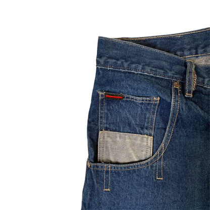 Digg It Thrift & Vintage FUBU baggy blue denim carpenter jorts with a coin pocket and contrast stitching