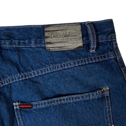 Digg It Thrift & Vintage FUBU The Collection baggy denim jorts with back pocket label and contrast stitching