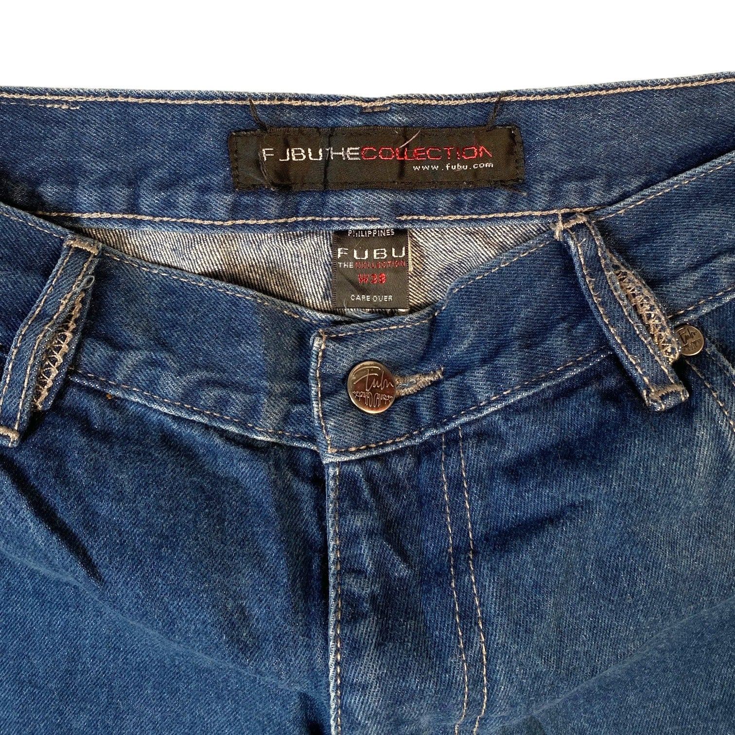Digg It Thrift & Vintage FUBU The Collection blue denim carpenter jorts with branded button and interior labels