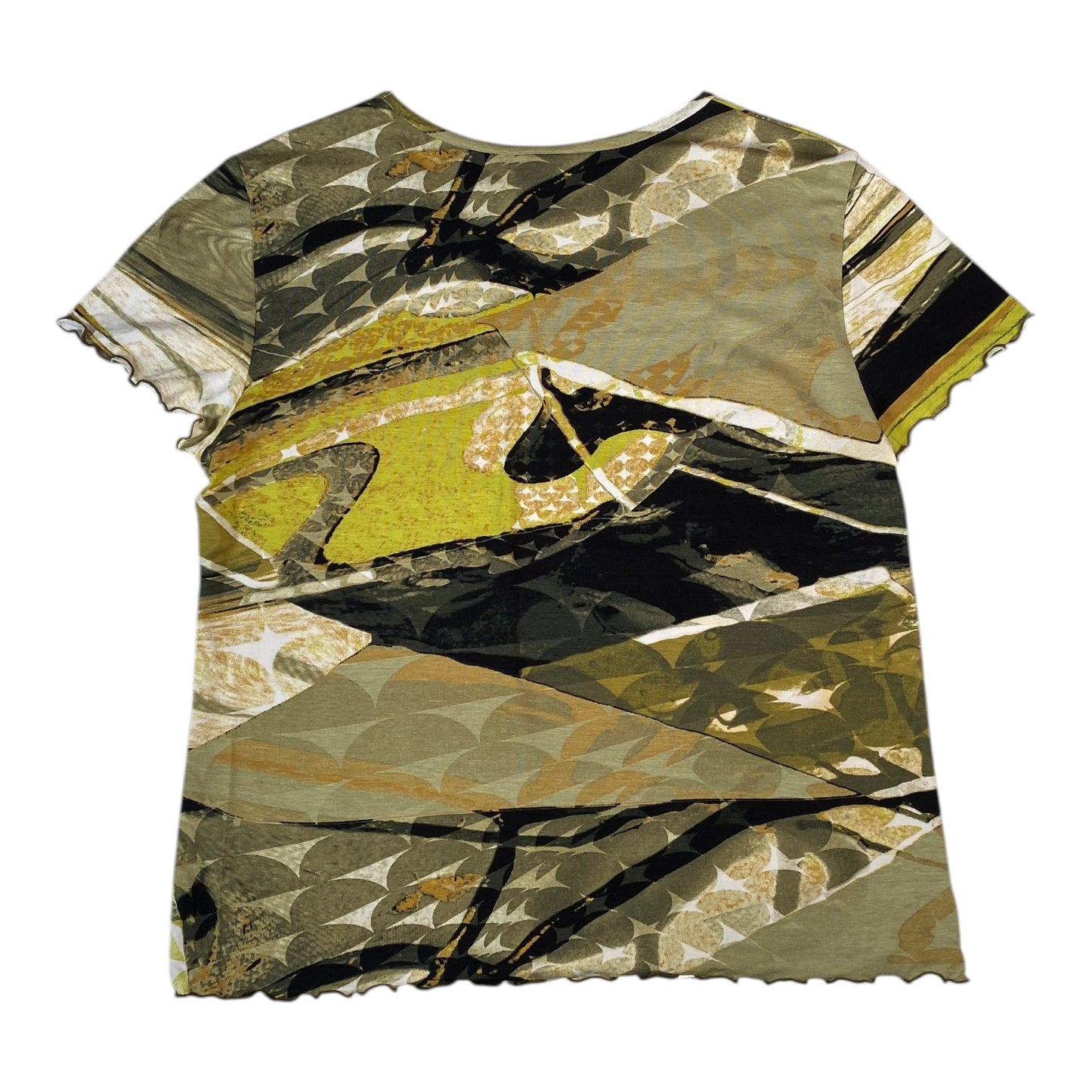 Digg It Thrift & Vintage Gevana olive abstract print short sleeve top with lettuce-hem edges, size medium