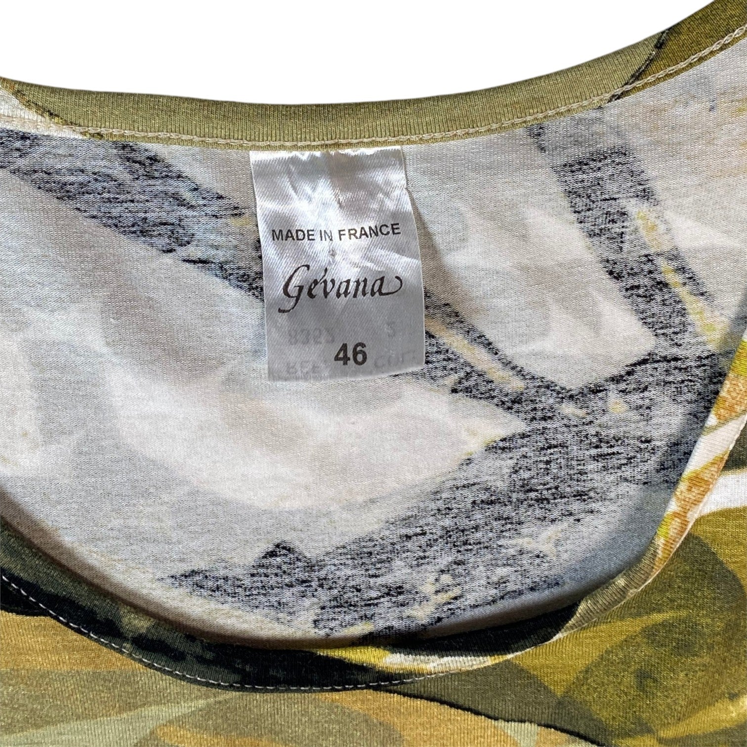 Digg It Thrift & Vintage Gevana olive abstract print top with Made in France label and size 46 tag