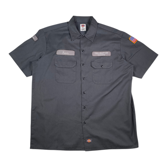 Digg It Thrift & Vintage gray Dickies Halliburton work shirt with Travis name patch and American flag sleeve detail