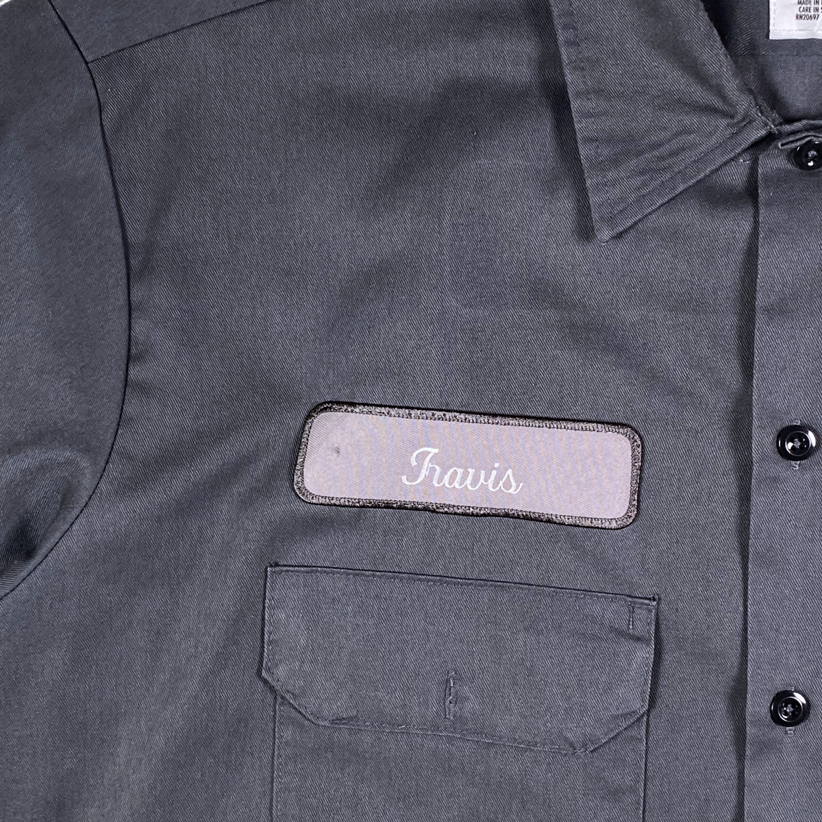 Digg It Thrift & Vintage gray Dickies Halliburton work shirt with Travis name patch and short sleeves