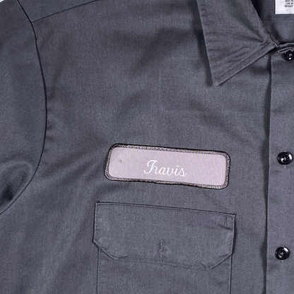 Digg It Thrift & Vintage gray Dickies Halliburton work shirt with Travis name patch and short sleeves
